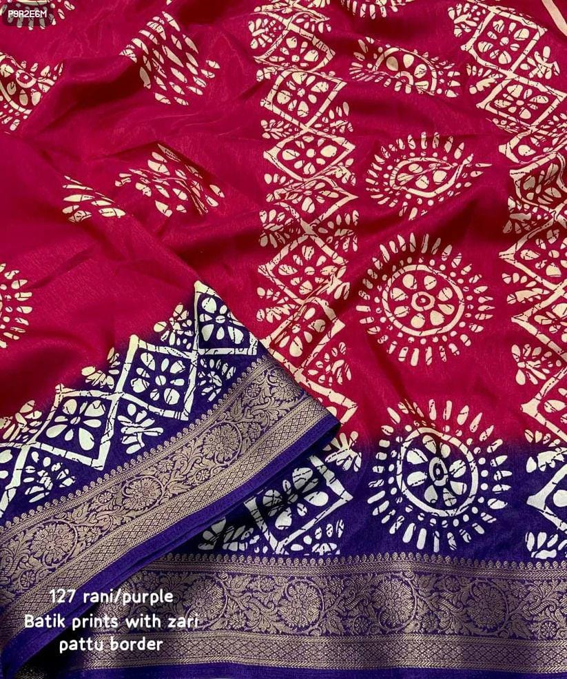 Cotton Silk Batik Print Saree with Kanjivaram Zari Border & Printed Blouse