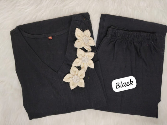 Cotton Slub Kurta Set with Jute Flower Embroidery & Plazo – 45” Length, Side Pockets