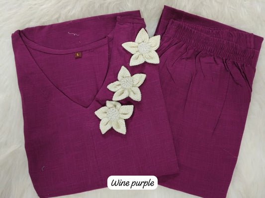 Cotton Slub Kurta Set with Jute Flower Embroidery & Plazo – 45” Length, Side Pockets