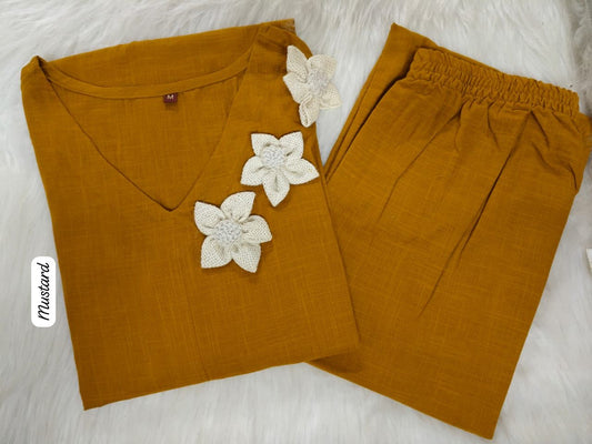 Cotton Slub Kurta Set with Jute Flower Embroidery & Plazo – 45” Length, Side Pockets