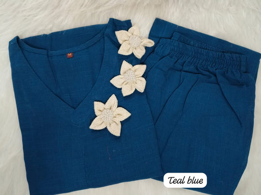 Cotton Slub Kurta Set with Jute Flower Embroidery & Plazo – 45” Length, Side Pockets