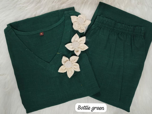 Cotton Slub Kurta Set with Jute Flower Embroidery & Plazo – 45” Length, Side Pockets