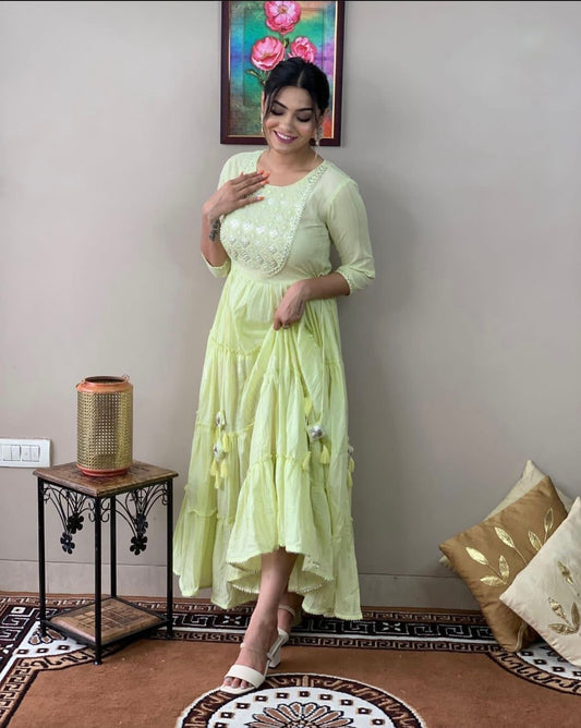 Elegant Light Green Floral Embroidered Rayon Lurex Long Gown