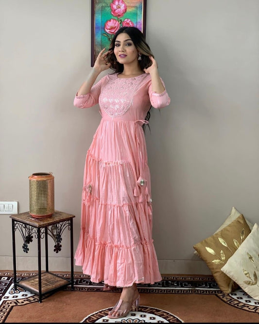 Ethereal Pink Floral Embroidered Rayon Lurex Long Gown