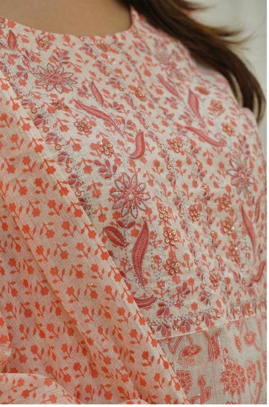 Peach Cambric Cotton Suit Set with Embroidery and Sequin Detailing