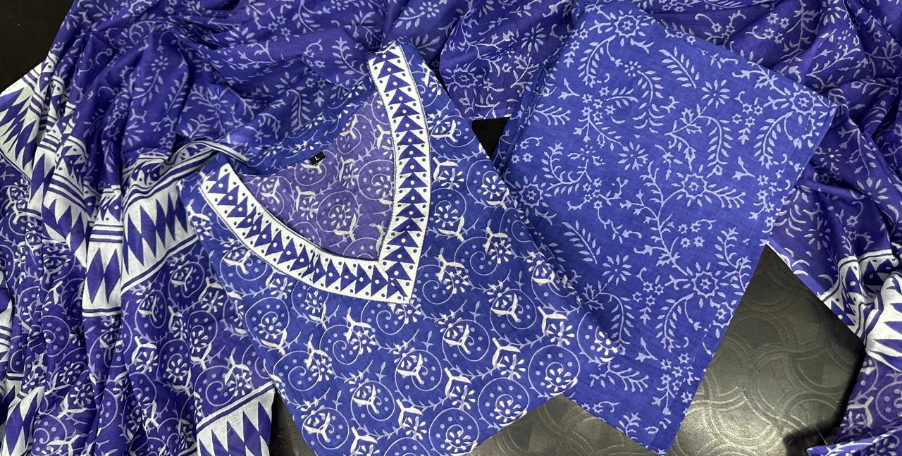 Women's Cotton Kurti Suit with Proccen Print (Kurti+Pant+Dupatta)