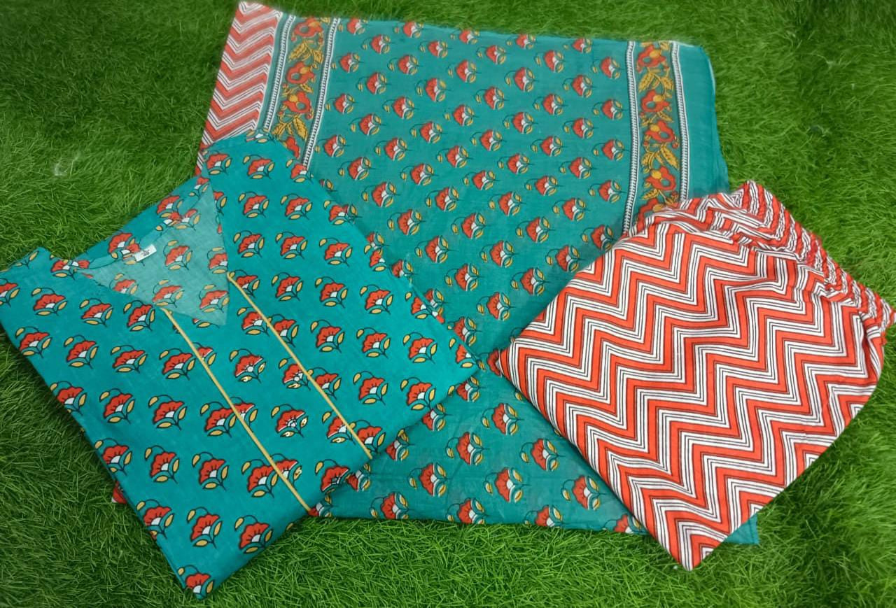 Women's 3-Piece Cotton Suit with Printed Mulmul Dupatta and Sequined Yoke