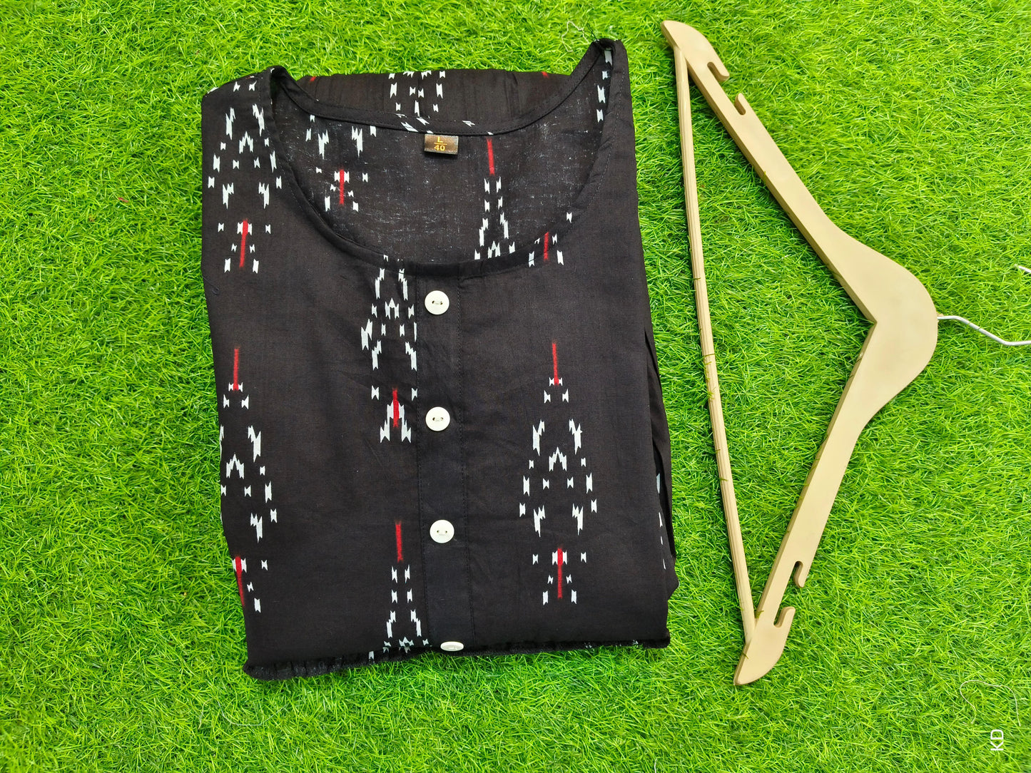 Black Ikat Print Cotton Midi Dress