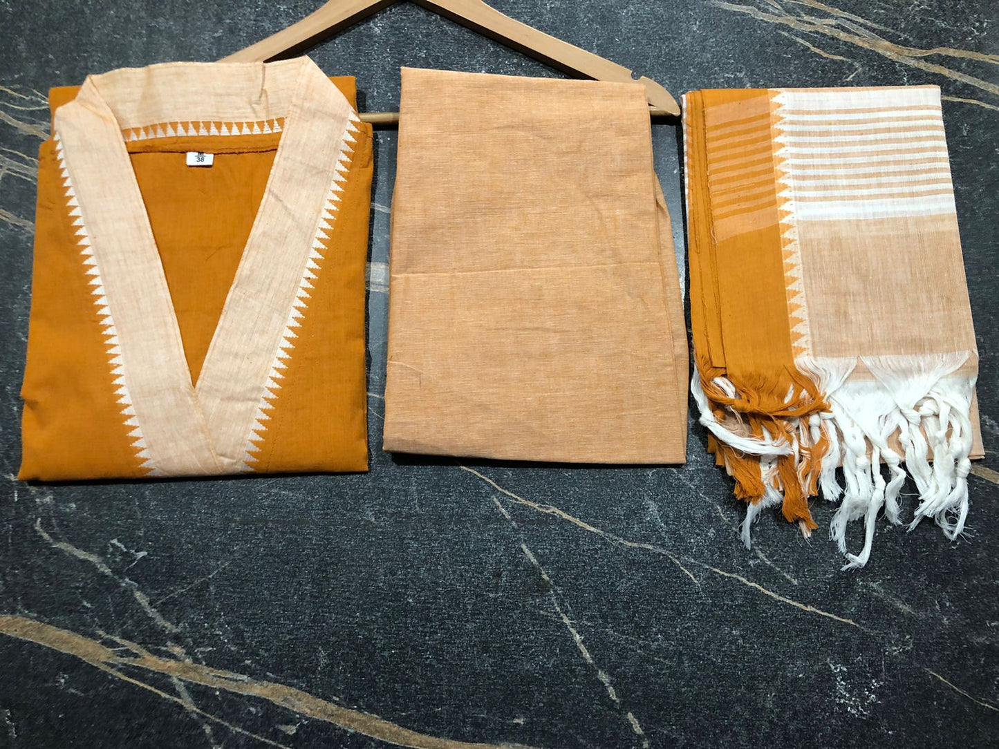 South Cotton Kurta Set with Self-Weaving Temple Border Dupatta