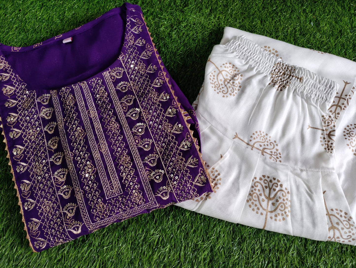 Violet Kurti Dhoti Set with Gold Prints, Embroidery & Gota Lace