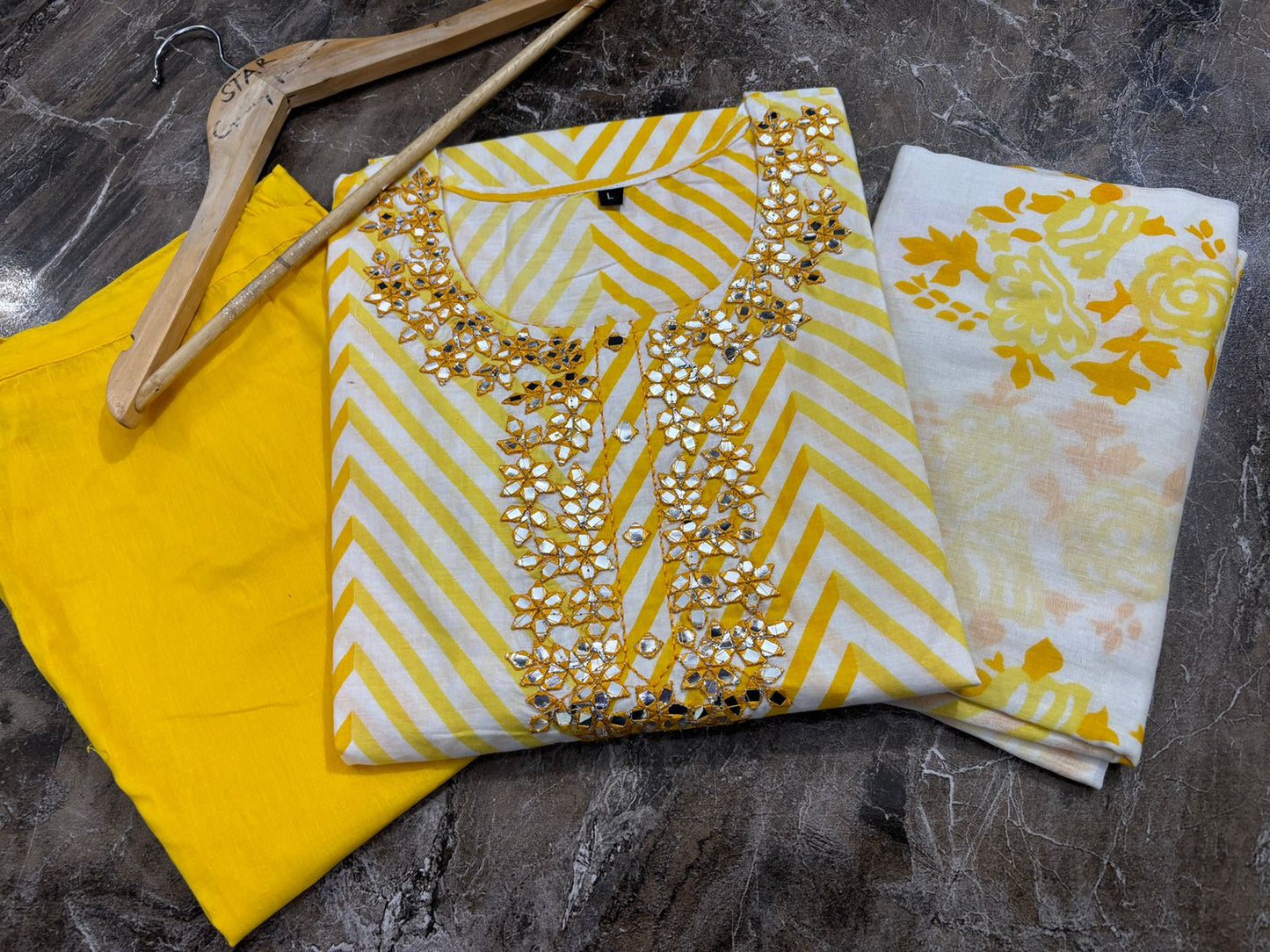 Embroidered Lahriya Kurta Set with Adda Work in Saganeri Print