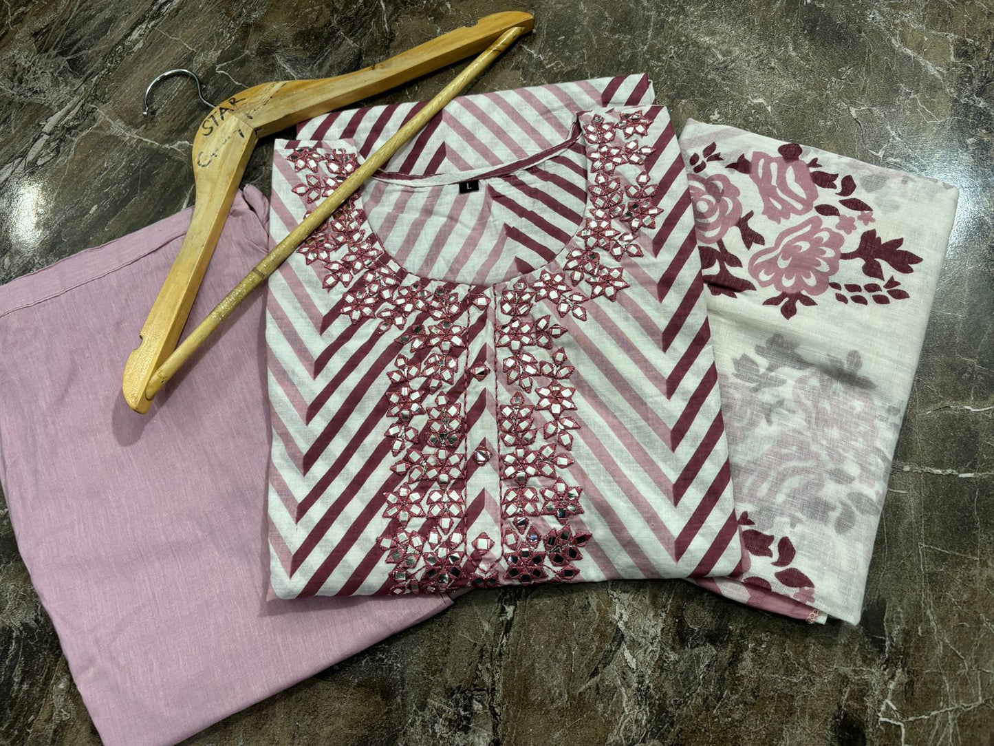 Embroidered Lahriya Kurta Set with Adda Work in Saganeri Print