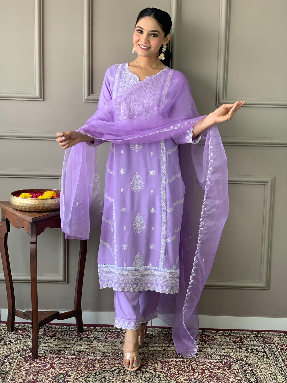 Rayon Embroidery Kurta Set with Organza Dupatta