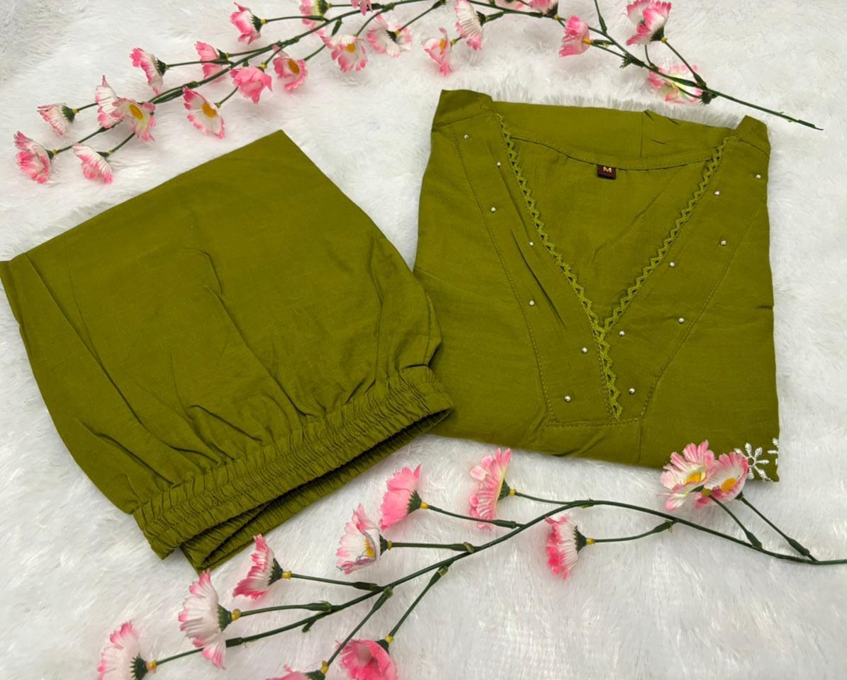 Cotton Kurti with Embroidery & Moti Lace Detailing | Lace Work Pant Set