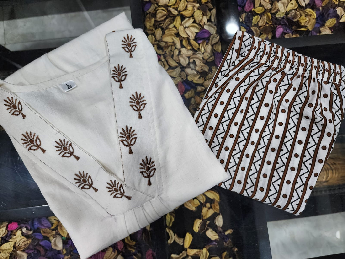 Cotton Flex Off-White Kurta with Embroidered Yoke & Sleeves, Paired with Printed Pant