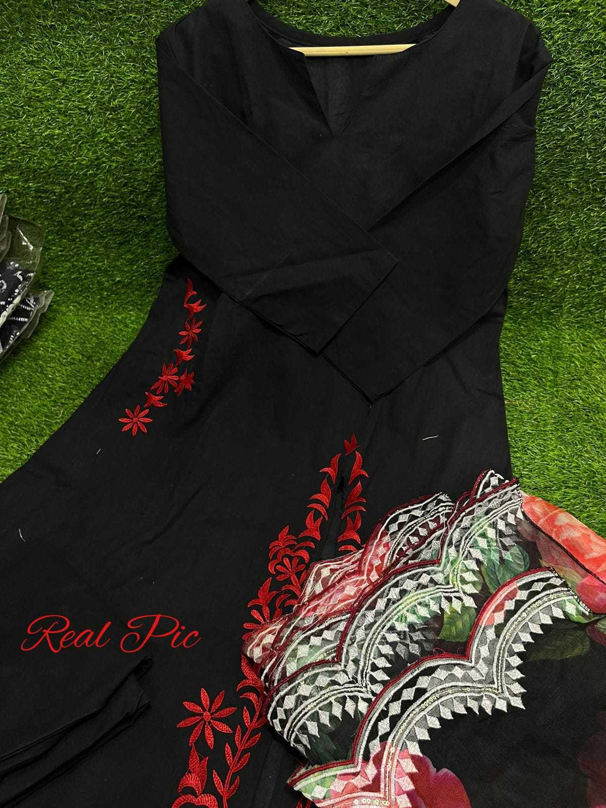 3-Piece Cotton A-Line Suit Set with Embroidered Kurta, Pant & Organza Dupatta