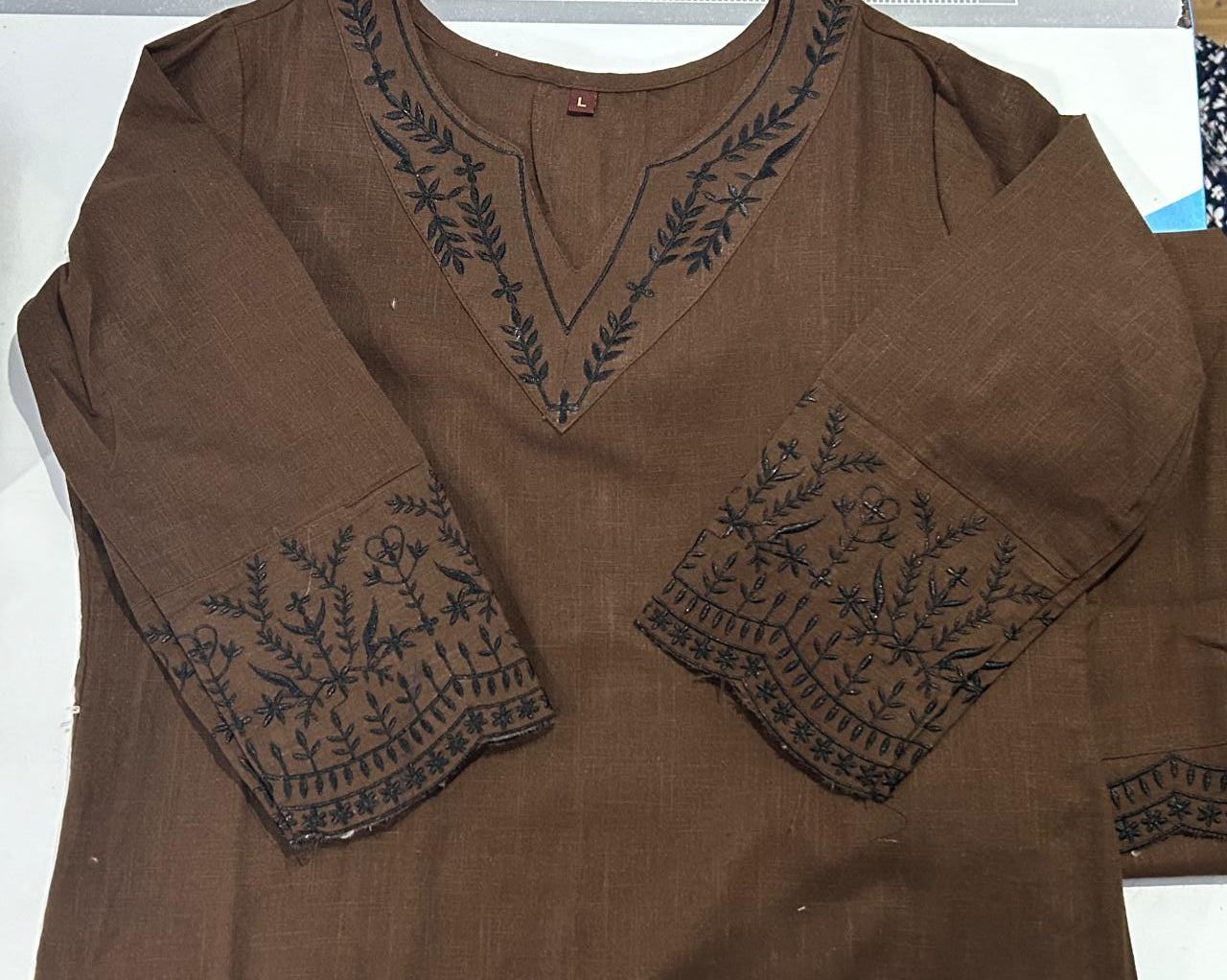 Brown Cotton Suit Set with Embroidery & Digital Print Dupatta