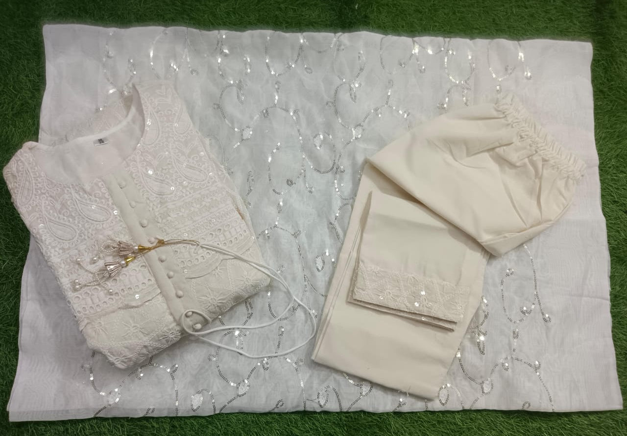 Chikankari Kurti with Pant and Chanderi Dupatta - Embroidered, Tassels, and Sequins Work
