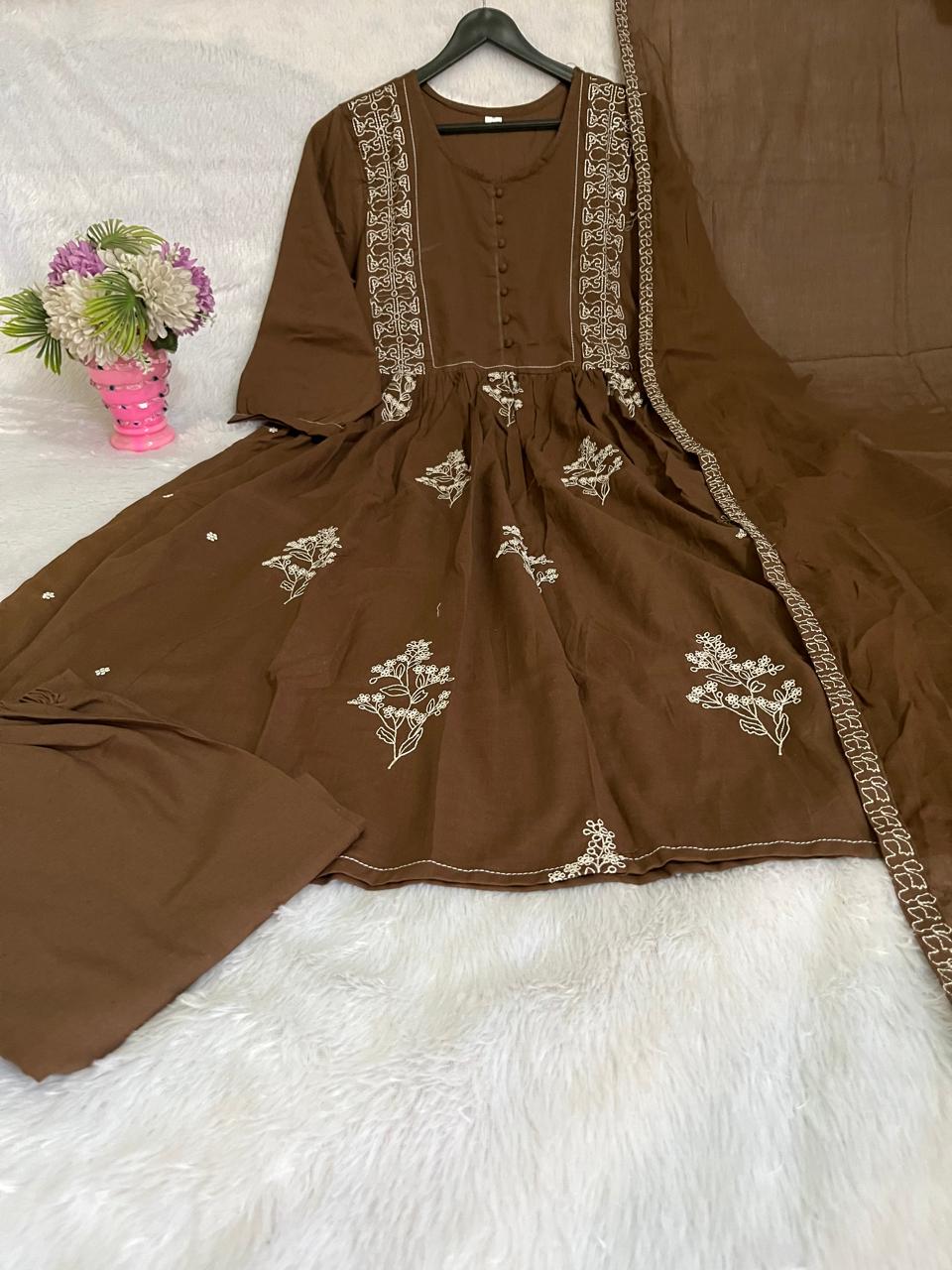 Cotton Kurti Pant Set with Mul Mul Dupatta & Embroidery Work
