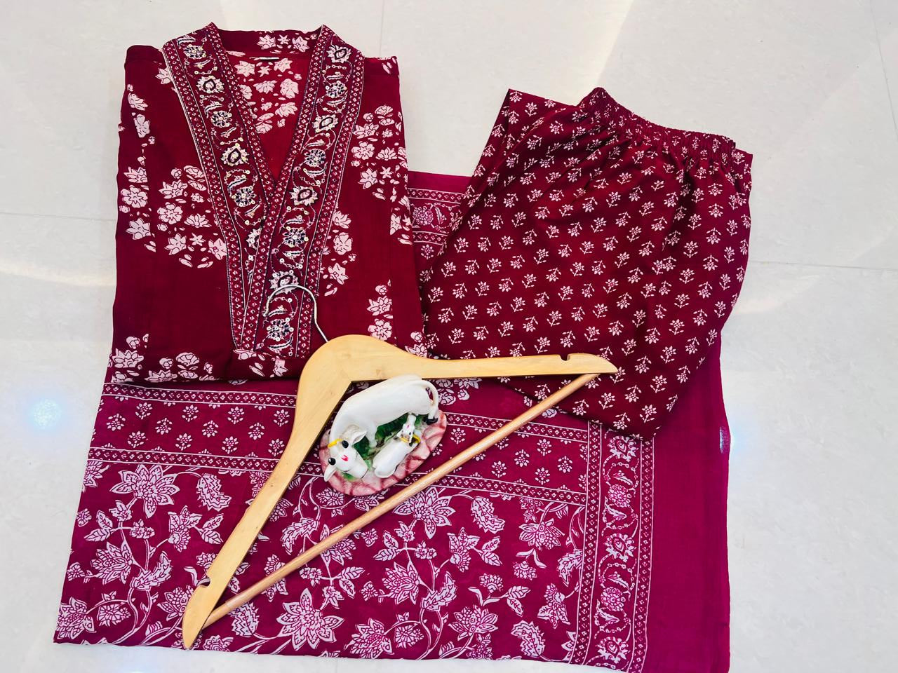 Wine Cotton Print Work Anarkali Kurti Pant Set with Malmal Dupatta