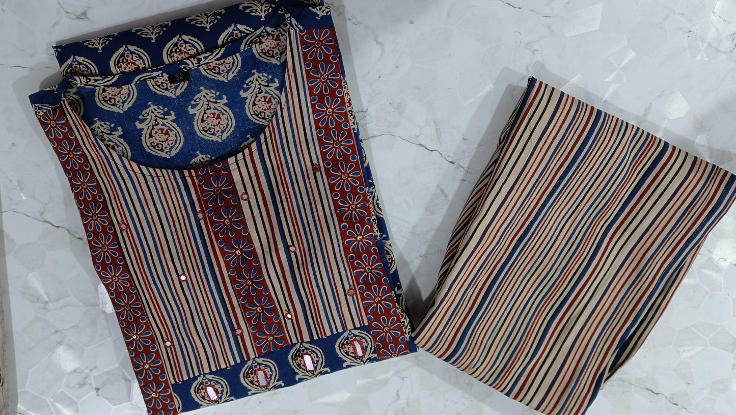 Cotton Kurti Set with Pant & Dupatta | Mirror Work | Fully Stitched