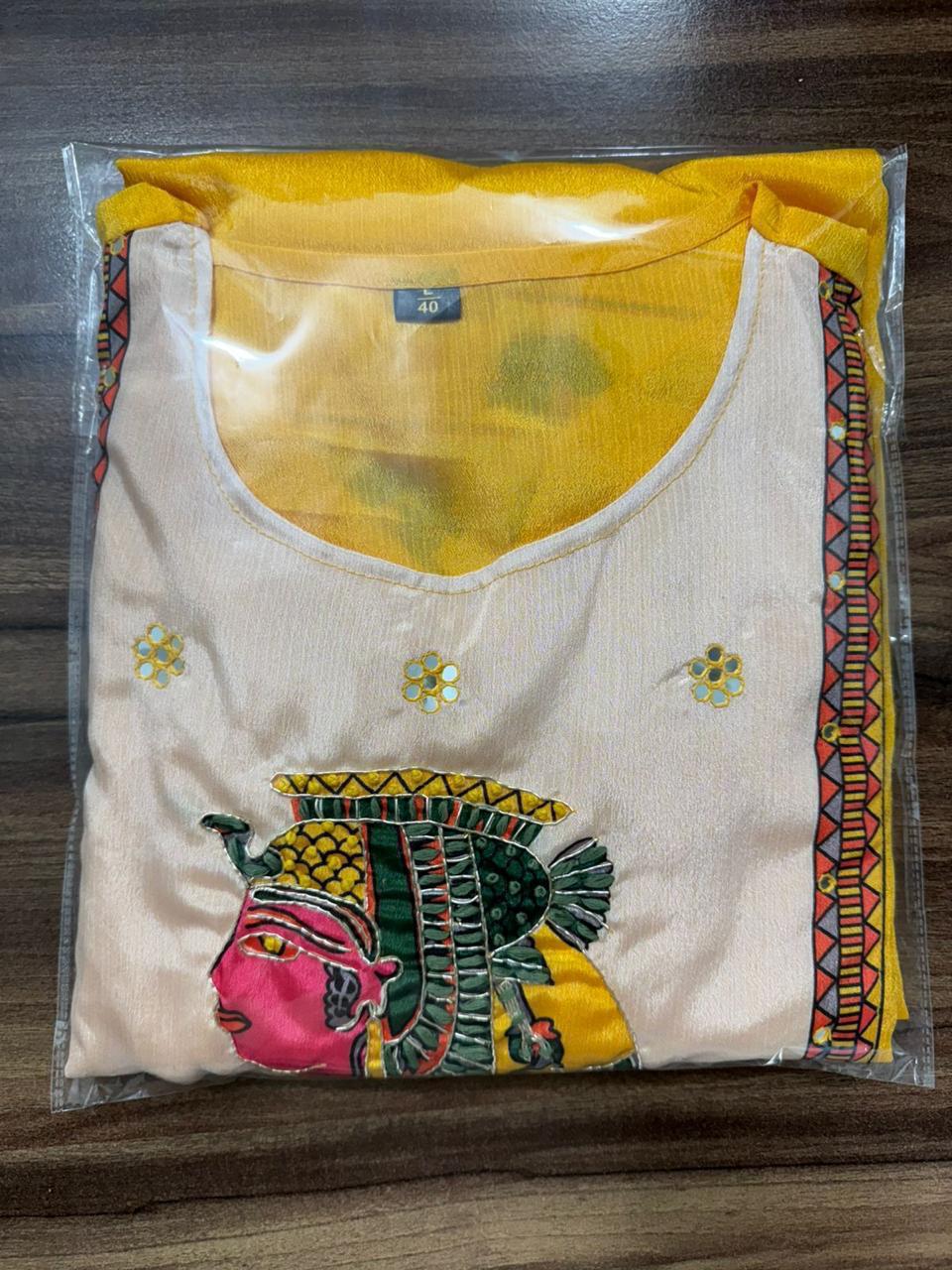 Chinon & Egyptian Print Silk Three-Piece Suit – Kurta, Pant & Dupatta