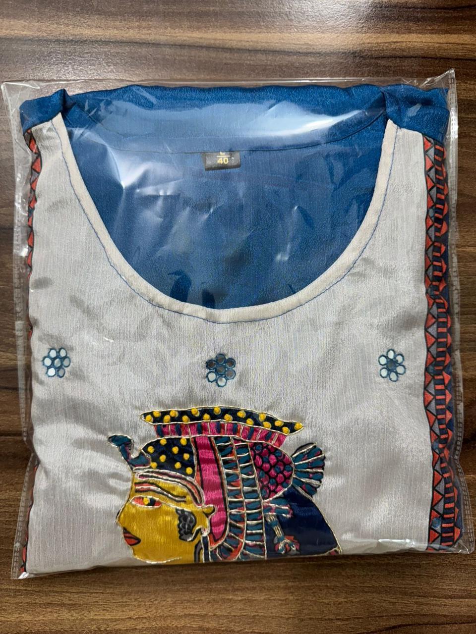 Chinon & Egyptian Print Silk Three-Piece Suit – Kurta, Pant & Dupatta