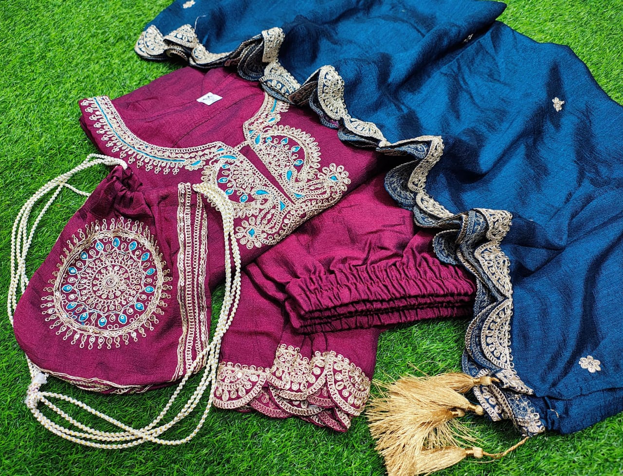 Vichitra Silk Kurti Set with Potli – Embroidered & Lined