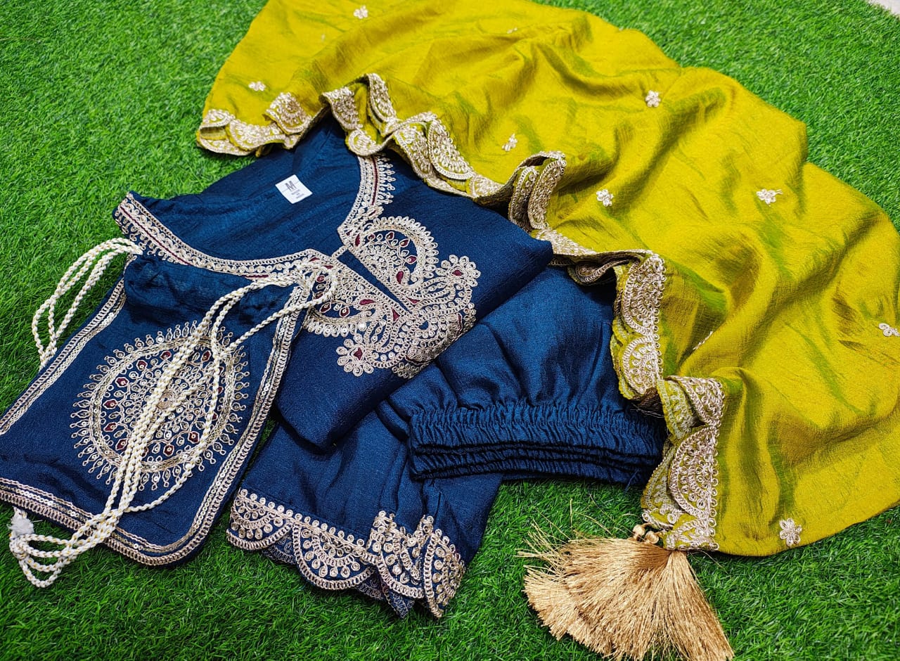 Vichitra Silk Kurti Set with Potli – Embroidered & Lined