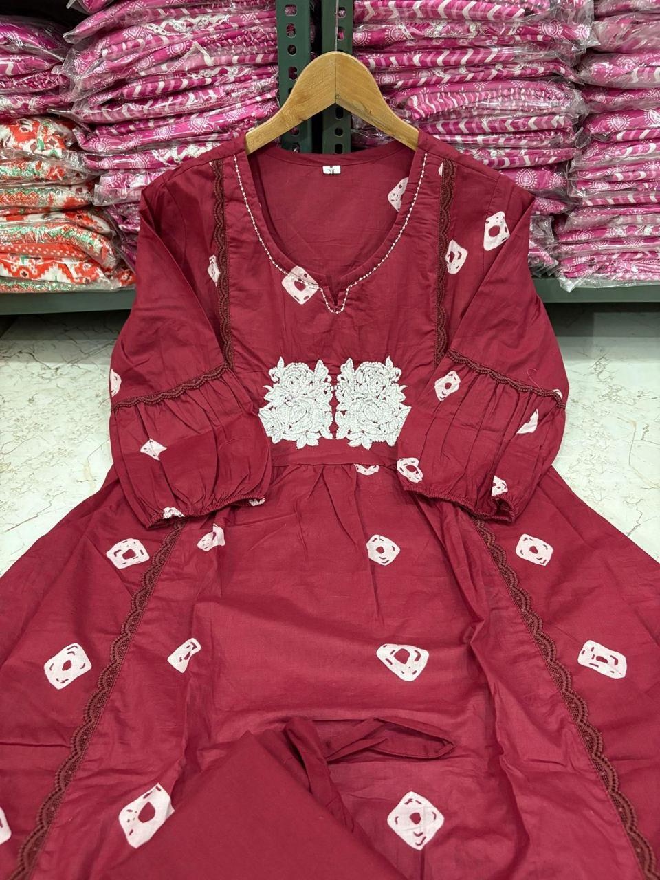 Bandage Discharge Print Cotton Kurta Pant Set with Adda & Embroidered Lace Work