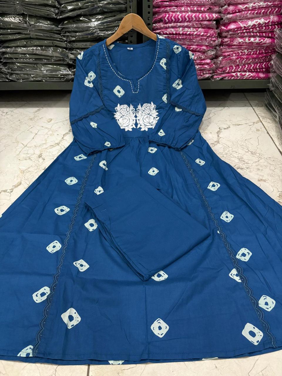 Bandage Discharge Print Cotton Kurta Pant Set with Adda & Embroidered Lace Work