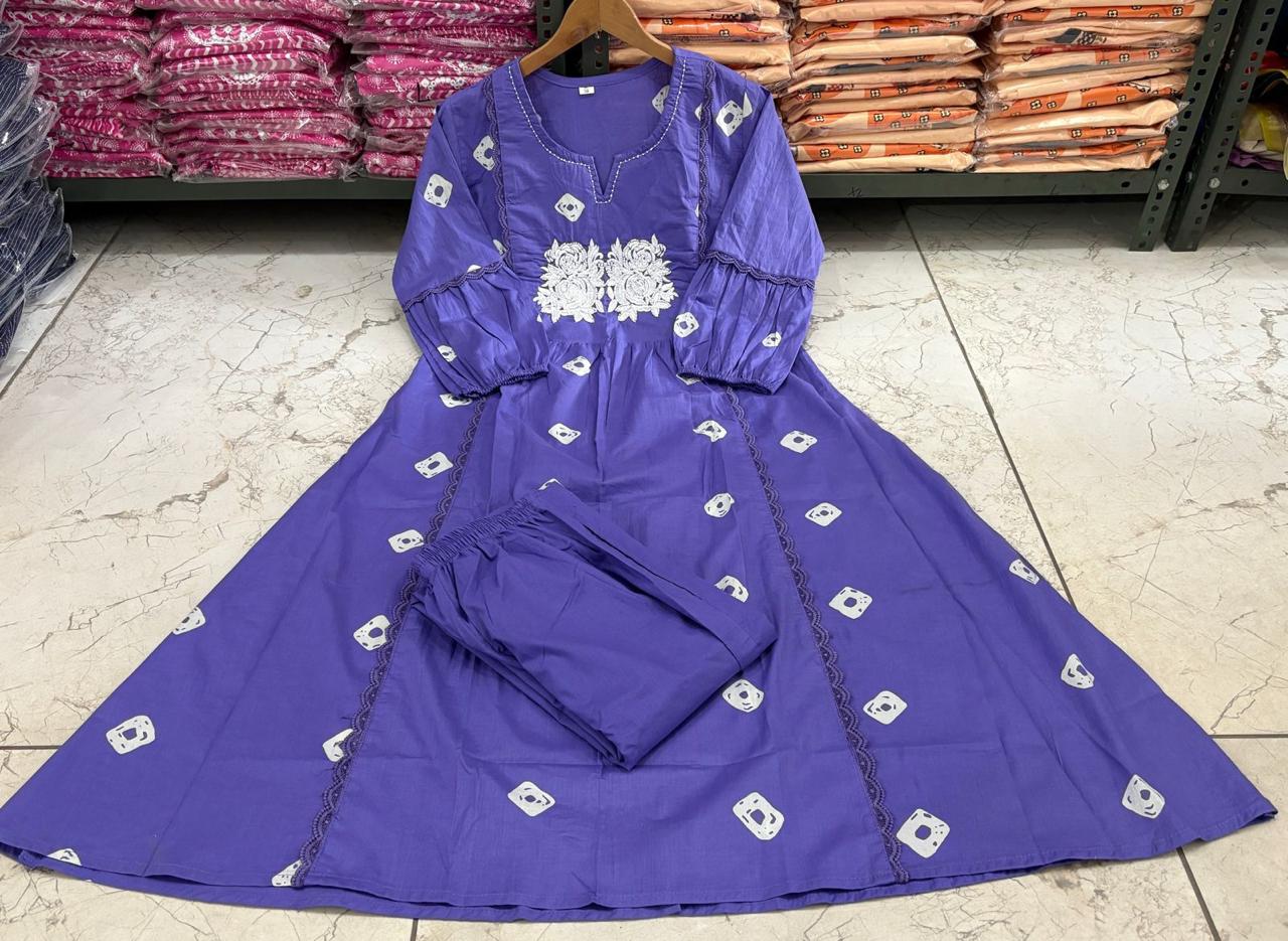 Bandage Discharge Print Cotton Kurta Pant Set with Adda & Embroidered Lace Work