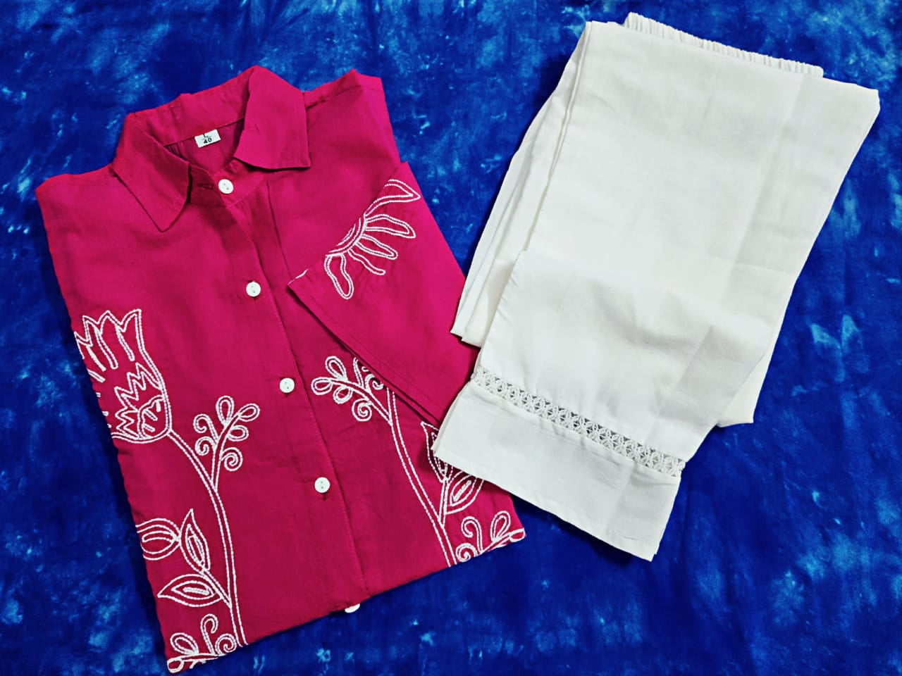 A-Line Cotton Kurta Pant Set with Embroidery & Pocket