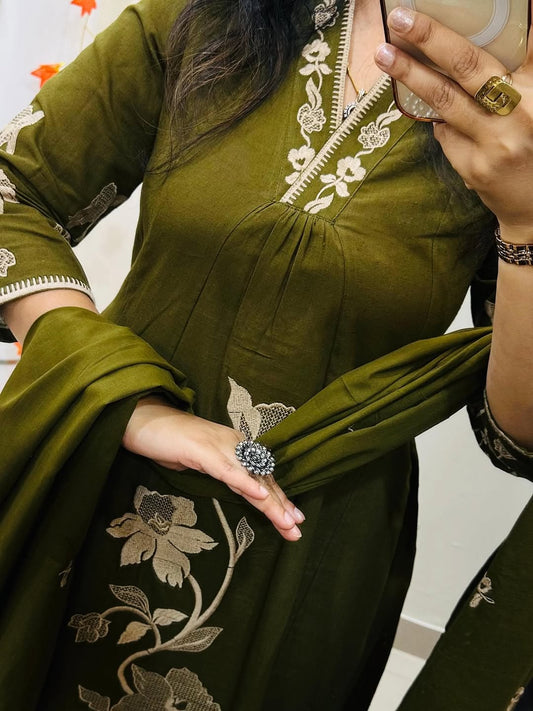 A-Line Cotton Kurti Pant Set with Embroidered Work & Malmal Dupatta