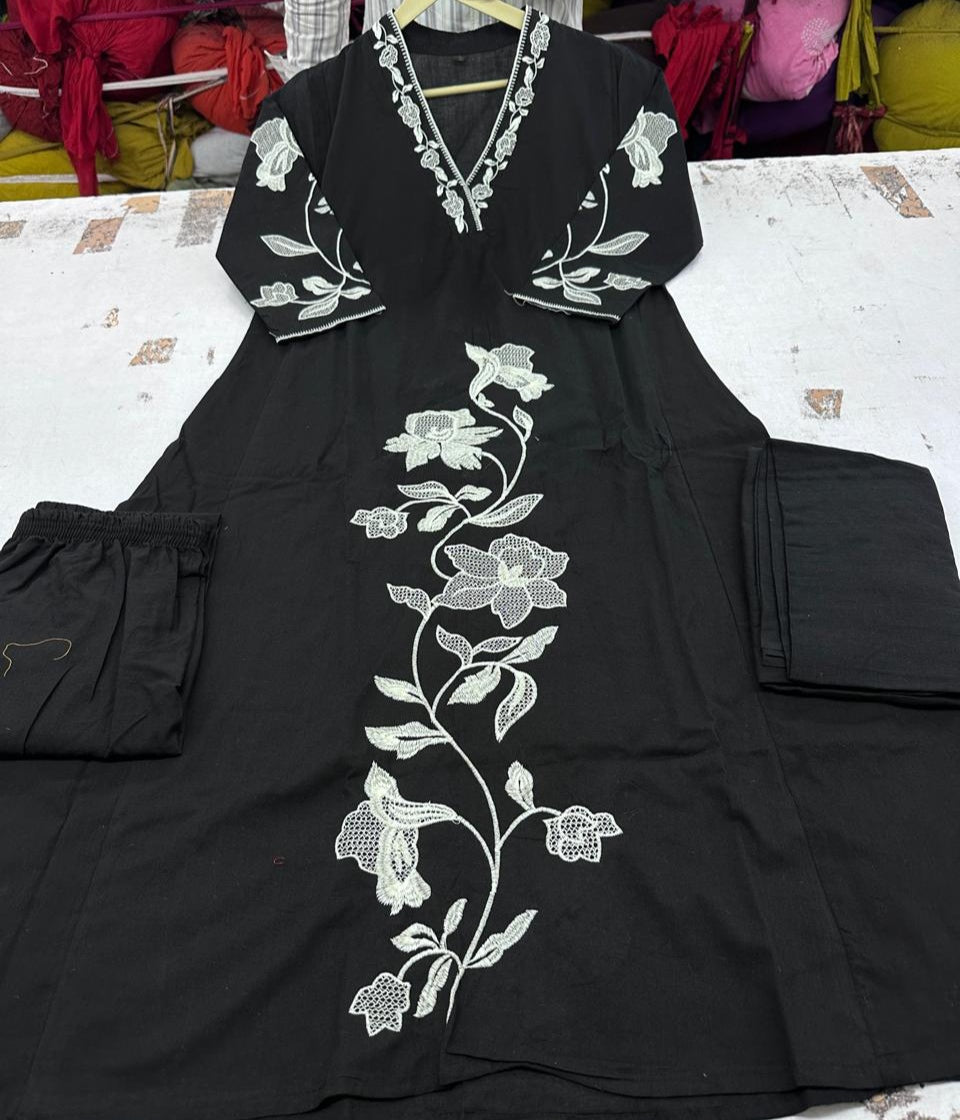 A-Line Cotton Kurti Pant Set with Embroidered Work & Malmal Dupatta