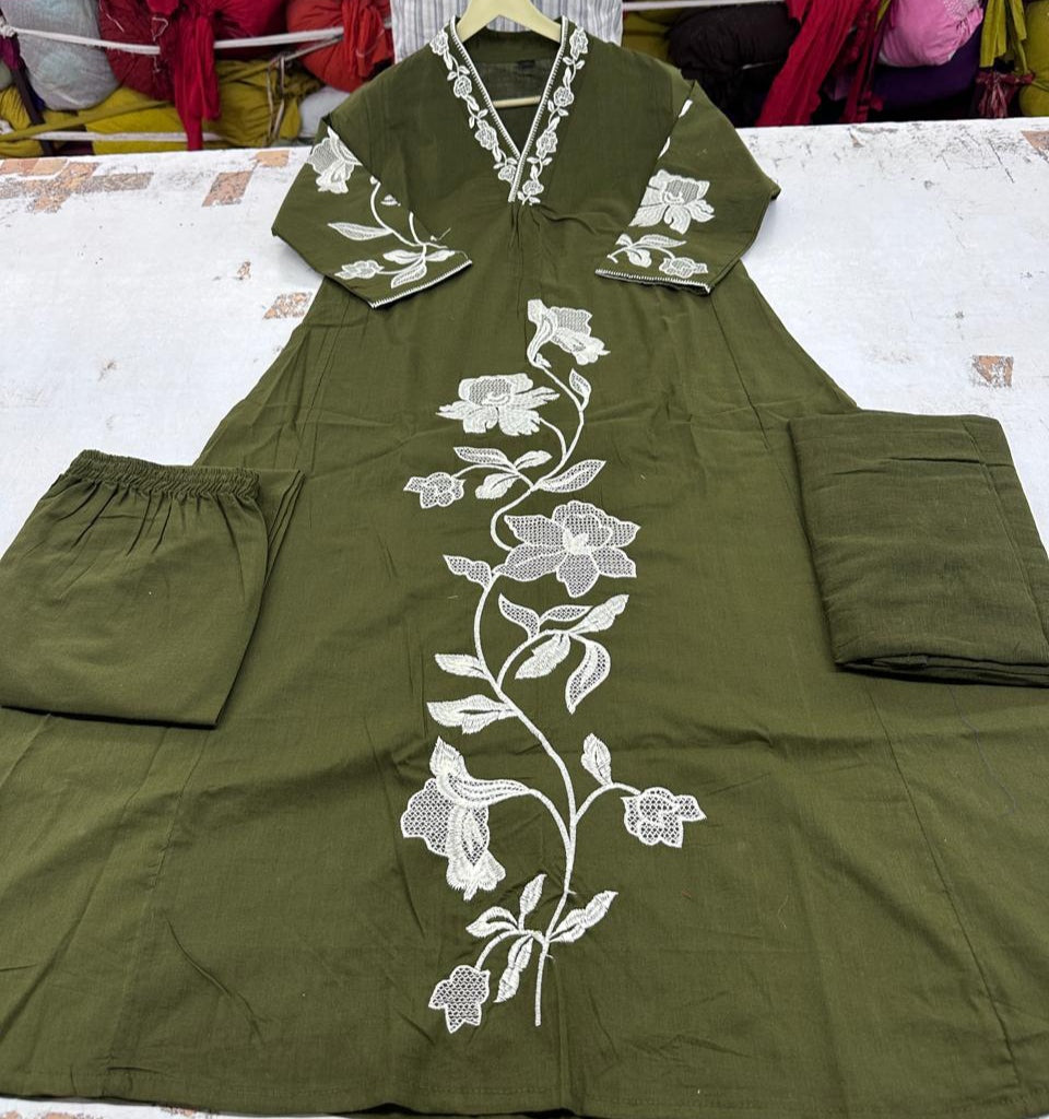 A-Line Cotton Kurti Pant Set with Embroidered Work & Malmal Dupatta