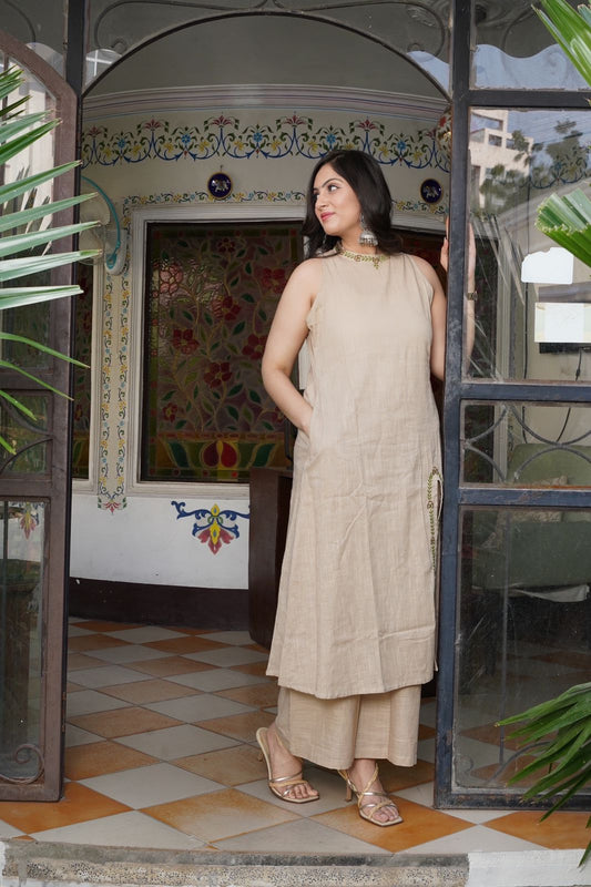 A-Line Cotton Slub Kurti Palazzo Set with Embroidery & Pocket