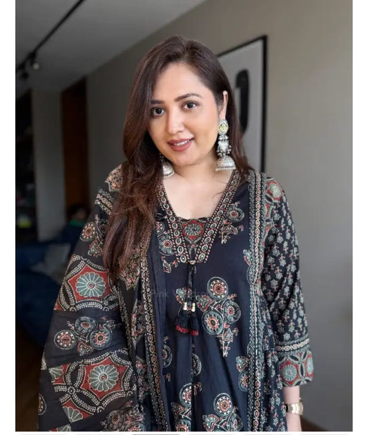 A-Line Floral Print Cotton Kurta Pant with Dupatta Suit Set
