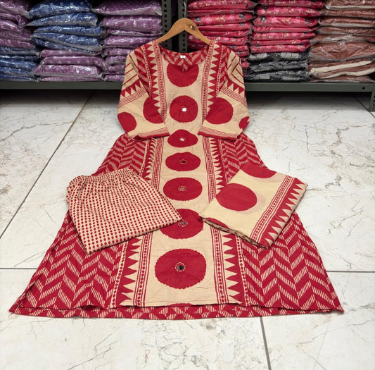 Ajrakh Cotton Suit Set with Mirror & Kantha Work and Printed Dupatta