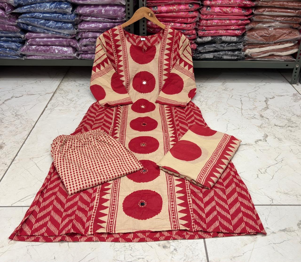 Ajrakh Cotton Suit Set with Mirror & Kantha Work and Printed Dupatta