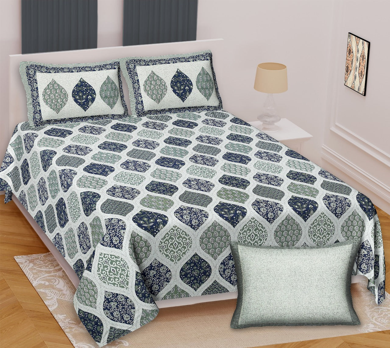 Ajrakh King Size Cotton Bedsheet (100x108") with 2 Pillow Covers