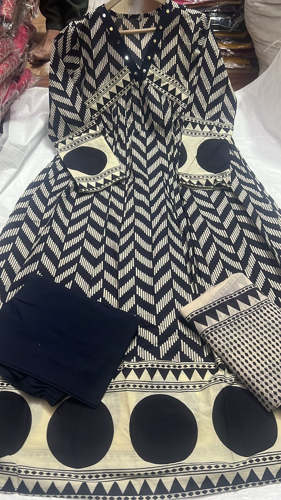 Anarkali Kurti Set with Mirror Work in Cotton 60*60 Fabric