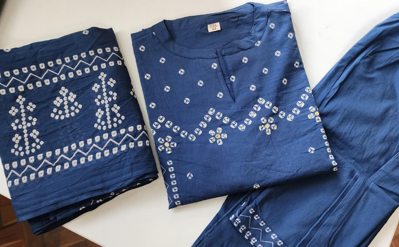 Azure Noor Bandhej Print A-Line Cotton Suit Set with Dupatta