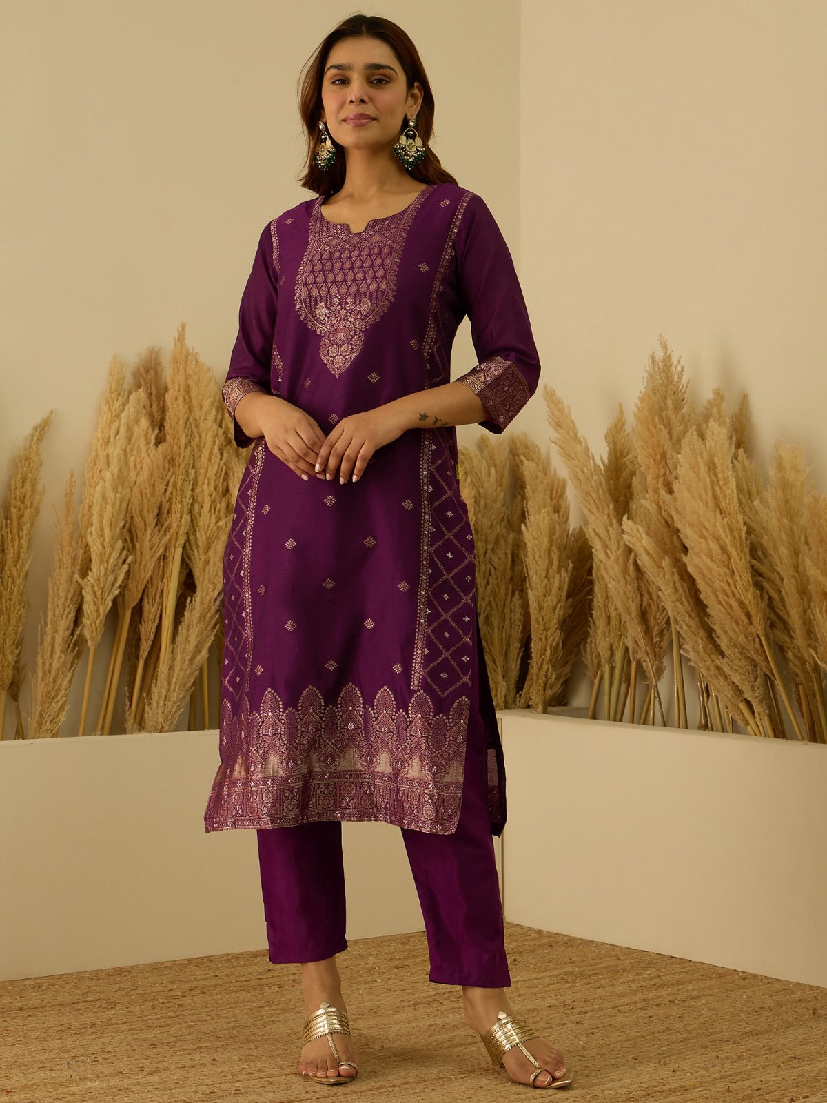 Banarasi Jacquard Zari Woven Straight Kurta Pant with Dupatta Set