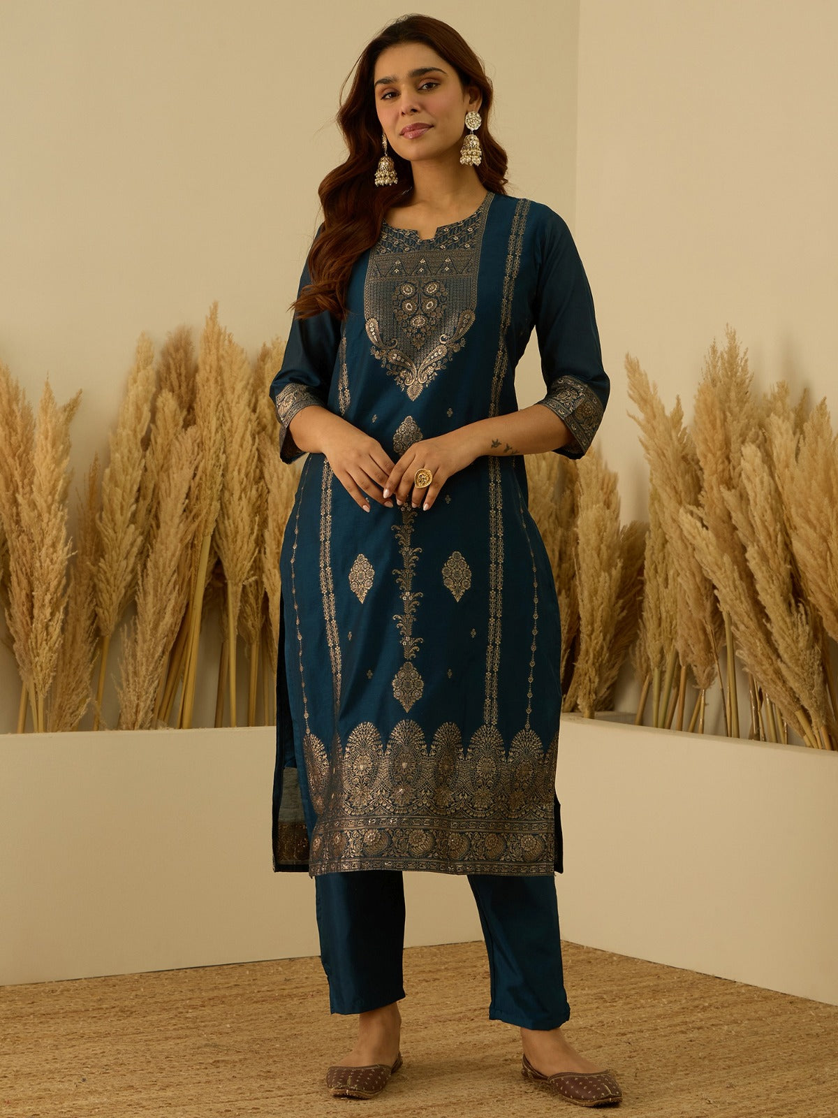 Banarasi Jacquard Zari Woven Straight Kurta Pant with Dupatta Set