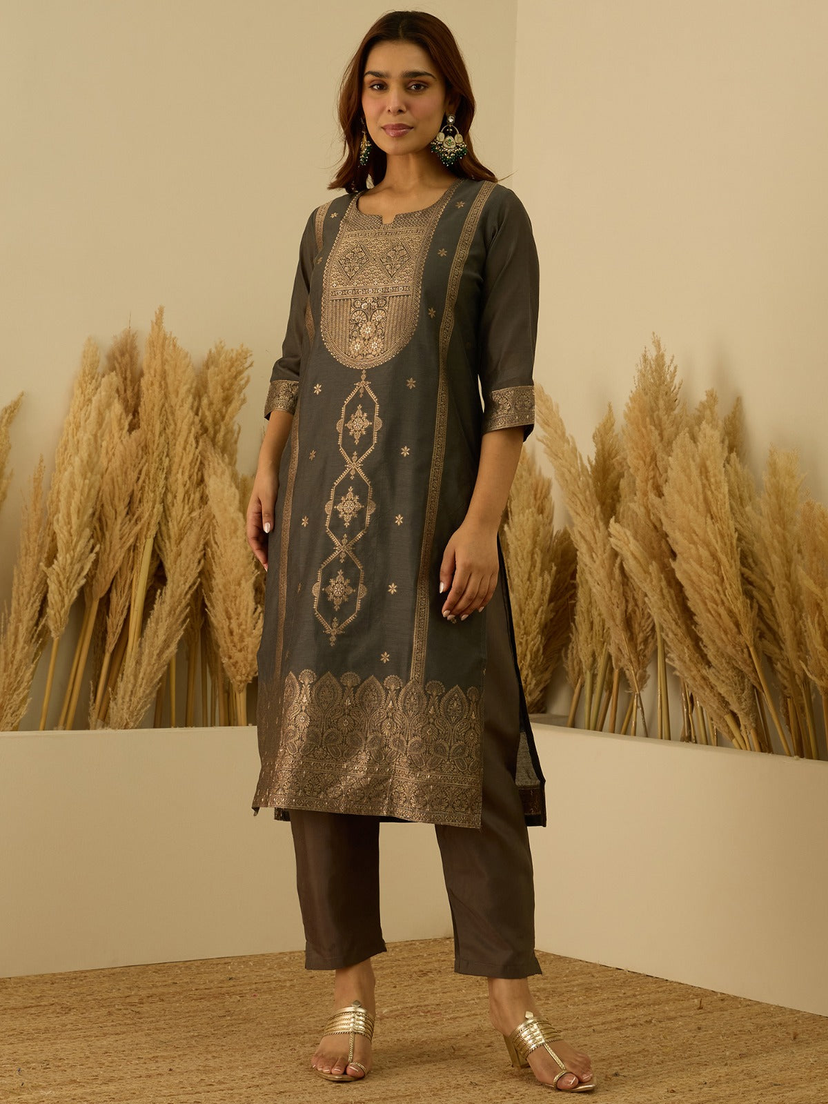 Banarasi Jacquard Zari Woven Straight Kurta Pant with Dupatta Set