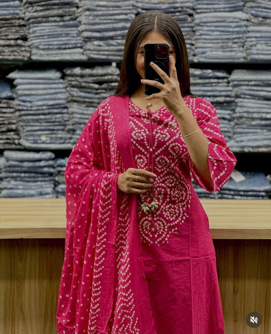 Bandhani Discharge Printed Cotton Suit Set with Pant & Dupatta