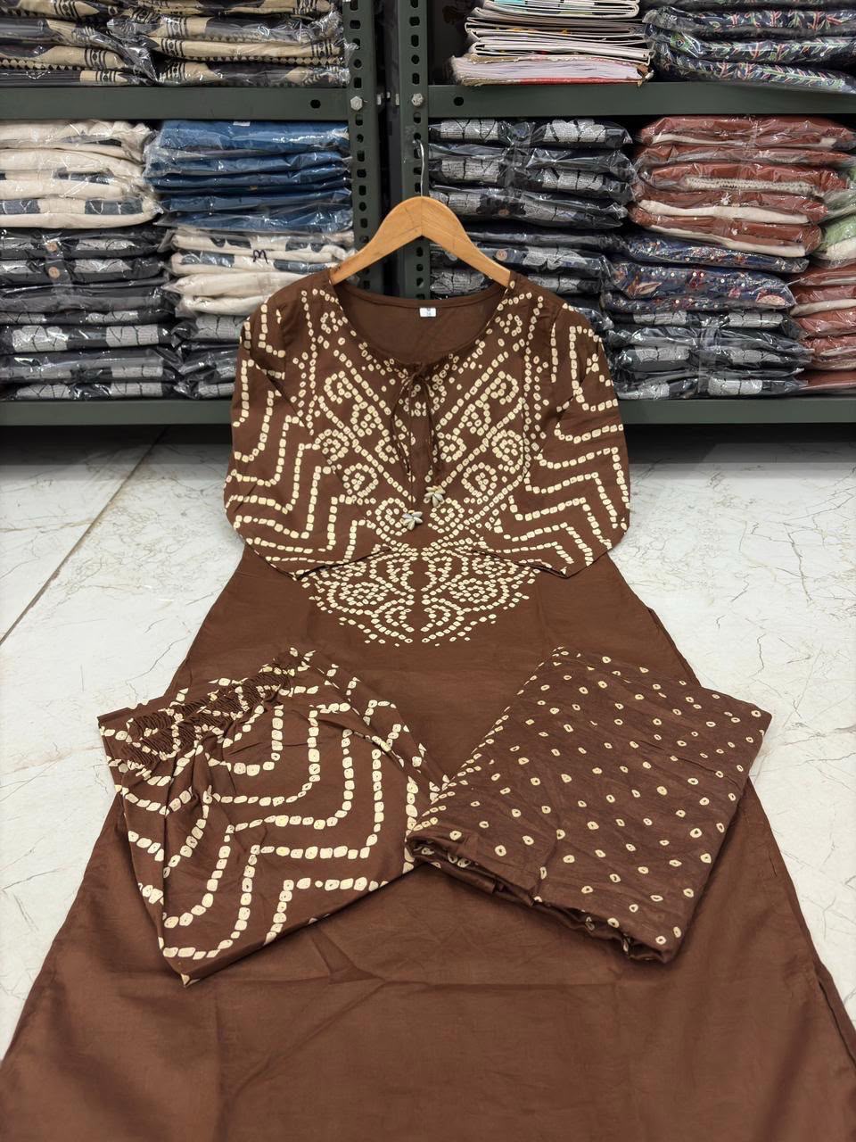 Bandhani Discharge Printed Cotton Suit Set with Pant & Dupatta