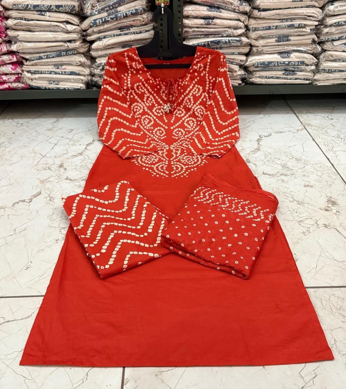 Bandhani Discharge Printed Cotton Suit Set with Pant & Dupatta