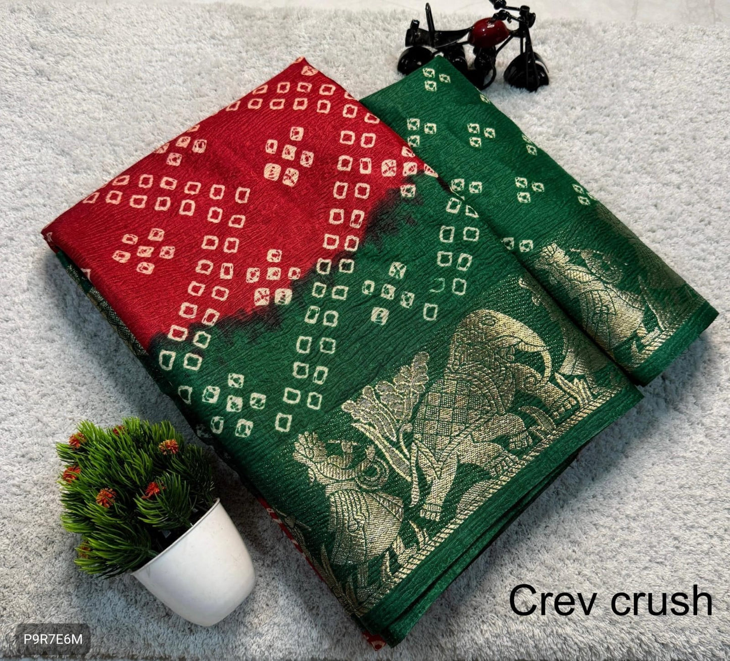 Bandhej Crush Dola Silk Saree with Jacquard Border & Running Blouse